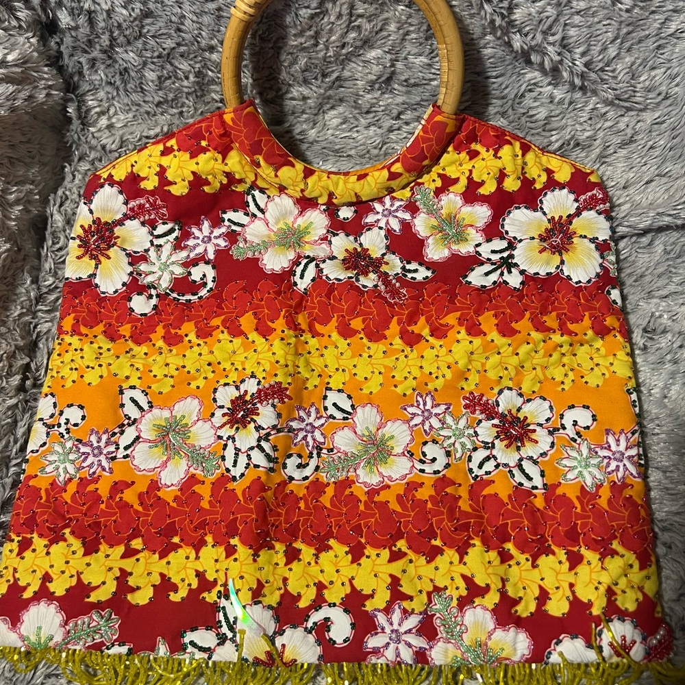 Floral Red and Yellow Women's Bag with Bamboo Handles